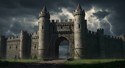 A medieval gatehouse with portcullis and guards' towers under a stormy sky