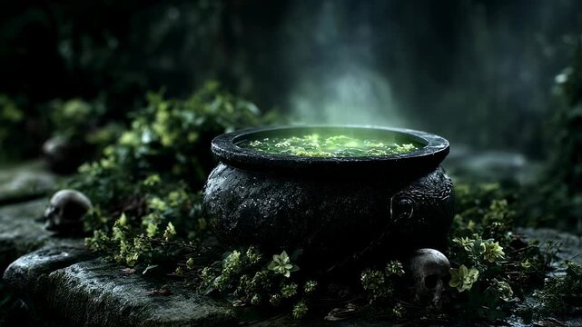 Bubbling green potion in black cauldron surrounded by mysterious herbs. Magic elixir brewing. Witchcraft concept for Halloween decoration. Spooky atmospheric scene.