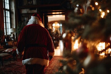 Fototapeta premium Santa's Christmas Eve Arrival: Festive moment captured, a figure in a red suit is entering to home and decorated christmas tree in the foreground, with warmth and festive mood.