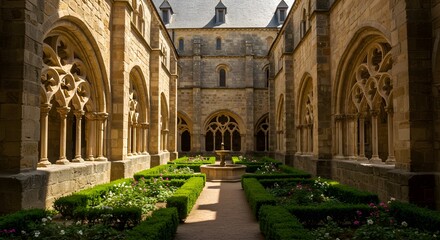 Fototapeta premium A medieval monastery with stone arches and a cloister garden soft sunlight