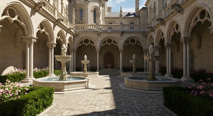 Obraz premium A medieval palace courtyard with fountains and ornate columns