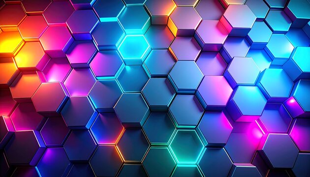 A vibrant, 3D geometric pattern of interconnected hexagons, illuminated with bright, glowing neon colors, creating a dynamic and futuristic design.