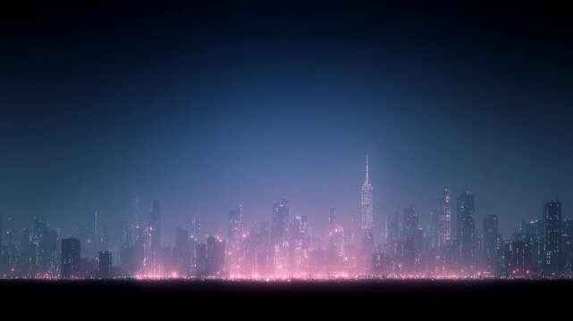 Futuristic city skyline at night with glowing pink lights. Urban landscape animation for sci-fi background. Neon metropolis silhouette against dark sky. Cyberpunk cityscape concept. - Powered by Adobe