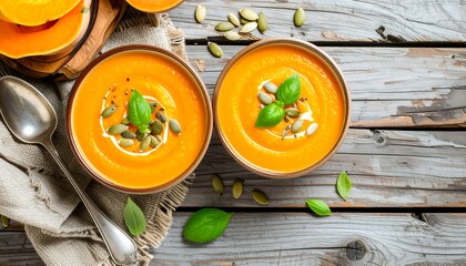Two bowls of vibrant orange pumpkin soup, garnished with pumpkin seeds and fresh basil leaves, sit on a rustic wooden table.