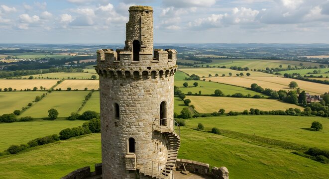 A medieval tower with spiral staircase and a view of the countryside