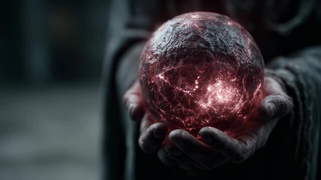 Mystical glowing orb held in hands. Fantasy crystal ball with red energy. Magic, fortune telling, and divination concept. Mysterious and supernatural power visualization.