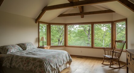 A photorealistic image of a cozy rustic bedroom with wooden beams and pastel bedding overlooking a forest through bay windows