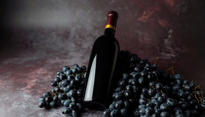 A dark wine bottle rests amongst a cluster of ripe, dark grapes, creating a rich and elegant still life.