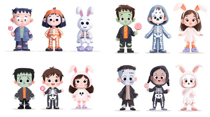Cute children in Halloween costumes including skeletons, Frankenstein, ghost, and bunny suits. Perfect for seasonal design, party invitations, stickers, and playful character illustrations.