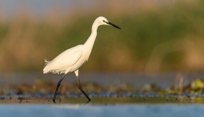 A small, white heron gracefully strolls across the shallows of a tranquil wetland, its elegant posture highlighted by soft sunlight.