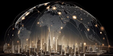 a digital illustration of the earth with global network connections, highlighting various cities and landscapes across multiple continents, symbolizing connectivity in business Generative AI - Powered by Adobe