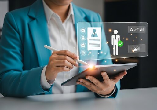 A businesswoman in a teal blazer uses a tablet, illustrating digital professional profile management with virtual icons. - Powered by Adobe
