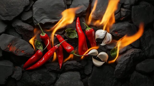 Red chili peppers and garlic cloves surrounded by flickering flames on dark charcoal background, spicy cooking concept with vibrant red, orange and black tones, culinary video backdrop for food blogs 