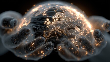 Globe held in hands, network of light