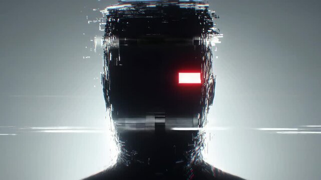 Abstract head with digital glitch effect and red eye glow