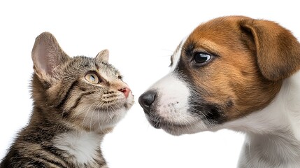 Fototapeta premium Playful Cat and Dog Together on White Background