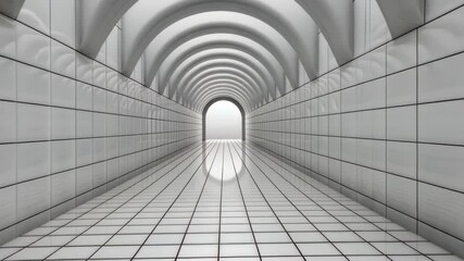 Architectural Passage to Brightness: A symmetrical corridor, distinguished by a series of gracefully arched ceilings, recedes into the distance toward an inviting source of illumination.