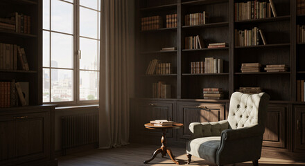 Cozy Vintage Library Nook with Dark Walnut Shelves and a Velvet Reading Chair