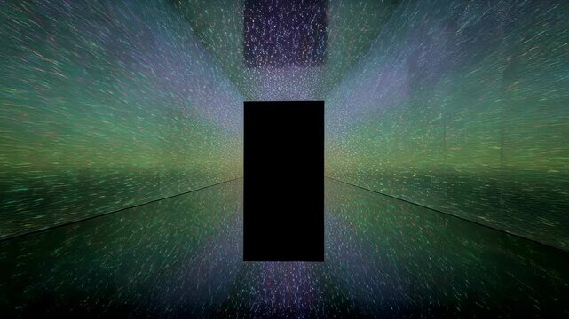 Mysterious doorway in cosmic tunnel. Surreal space corridor with starry walls. Abstract digital art of interdimensional portal. Sci-fi concept for futuristic game or movie.