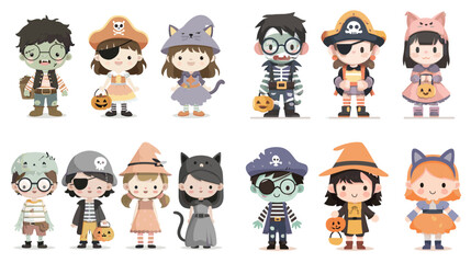 Children in Halloween costumes including witches, zombies, pirates, and cats, cute cartoon illustration for festive design, kids parties, and decorations.