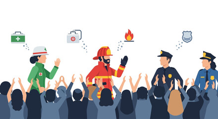 Firefighter, police officers, and paramedics celebrated by grateful community.