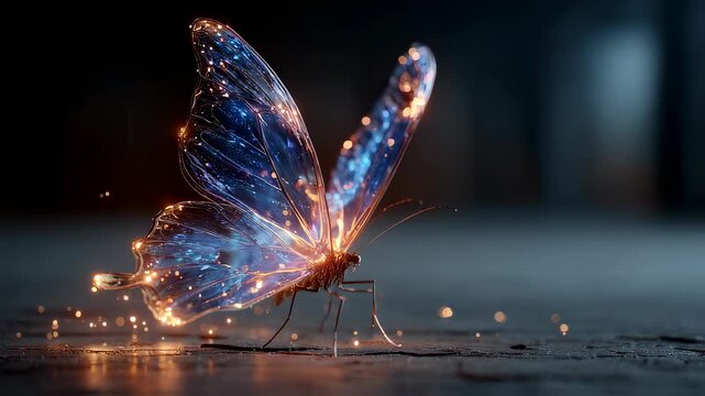 Glowing butterfly with sparkling wings on dark background. Magical fantasy creature. Digital art for wallpaper, screensaver, greeting card design. Concept of transformation and hope.