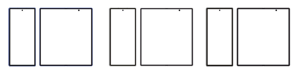 A set of foldable smartphones mockup with blank white screens, presented in both folded and unfolded views for app and website mockups.