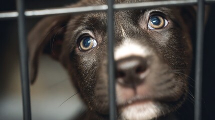 Puppy's hopeful eyes behind shelter cage bars with adoption sign visible