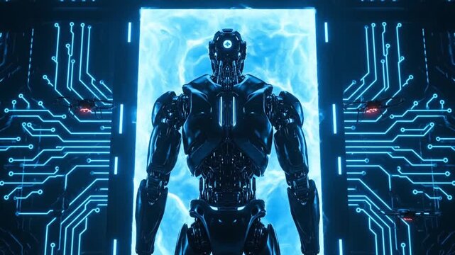 A futuristic robot standing in front of a glowing blue portal with circuit board patterns on either side