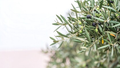 Fresh green olive branches with ripe olives, showcasing the vibrant foliage against a soft, light background.