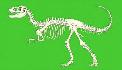 Detailed illustration of a Tyrannosaurus Rex skeleton against a vibrant green backdrop.