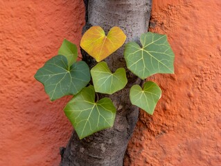 Vibrant Green Leaves on Orange Wall Tree Trunk Closeup