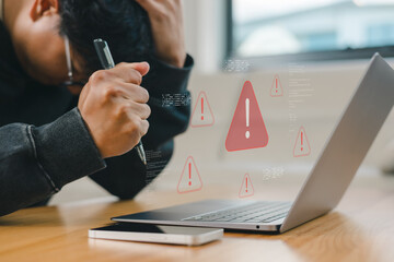 Stressed businessman facing laptop error with multiple warning alerts, symbolizing cybersecurity risk, data breach, IT failure, and digital system crash in modern technology and online business.