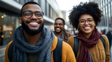 Happy Diverse Friends Walking City Street Smiling