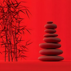 Red Background Zen Stones and Bamboo Minimalist Spa Image