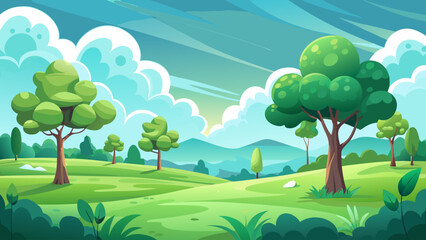 Obraz premium very beautiful Whimsical Minimalist Green Field Landscape with Trees and Fluffy Clouds Vector Art