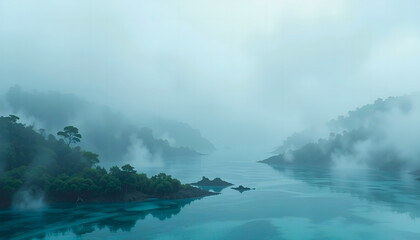 Peaceful island paradise shrouded in dreamy mist