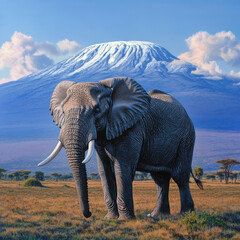 Fototapeta premium Giant tusker elephant standing against Mount Kilimanjaro, grand scenic view, sharp details, vibrant landscape, epic and majestic, National Geographic quality 