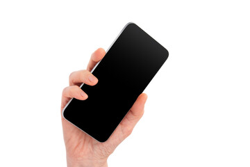 Hand holding a smartphone isolated on white background. 