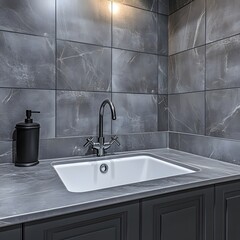 Modern Bathroom Sink with Dark Grey Tiles and Chrome Faucet