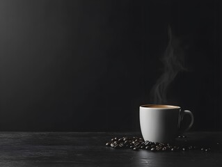Steaming Coffee Cup with Roasted Beans Dark Background