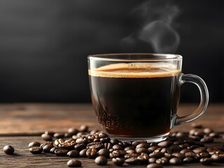 Steaming Hot Coffee in Glass Cup with Roasted Beans