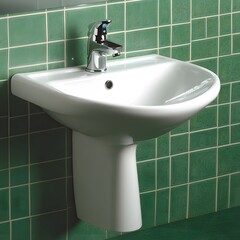 Modern Pedestal Sink Bathroom Green Tile Background