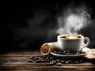 Steaming Coffee Cup Latte Art Beans Wooden Table