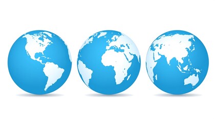 Three stylized globes showcasing the world's continents in a vibrant, uniform blue color.