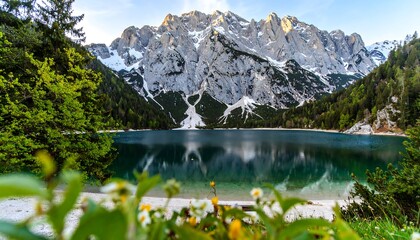 A tranquil mountain lake nestled amongst towering peaks, showcasing a serene reflection of the surrounding landscape in its calm waters.