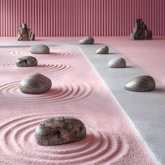 Serene Pink Sand Zen Garden with Grey Stones and Circular Patterns