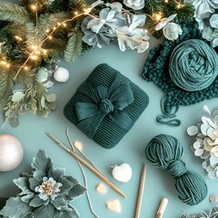 Cozy Teal Christmas Gift Knitted Yarn Balls Festive Flatlay