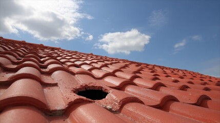 Roof With a Hole and Red Tiles Under a Clear Blue Sky on a Sunny Day