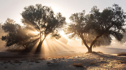 Sunlight shining through trees at dawn in a serene landscape with soft sand Generative AI